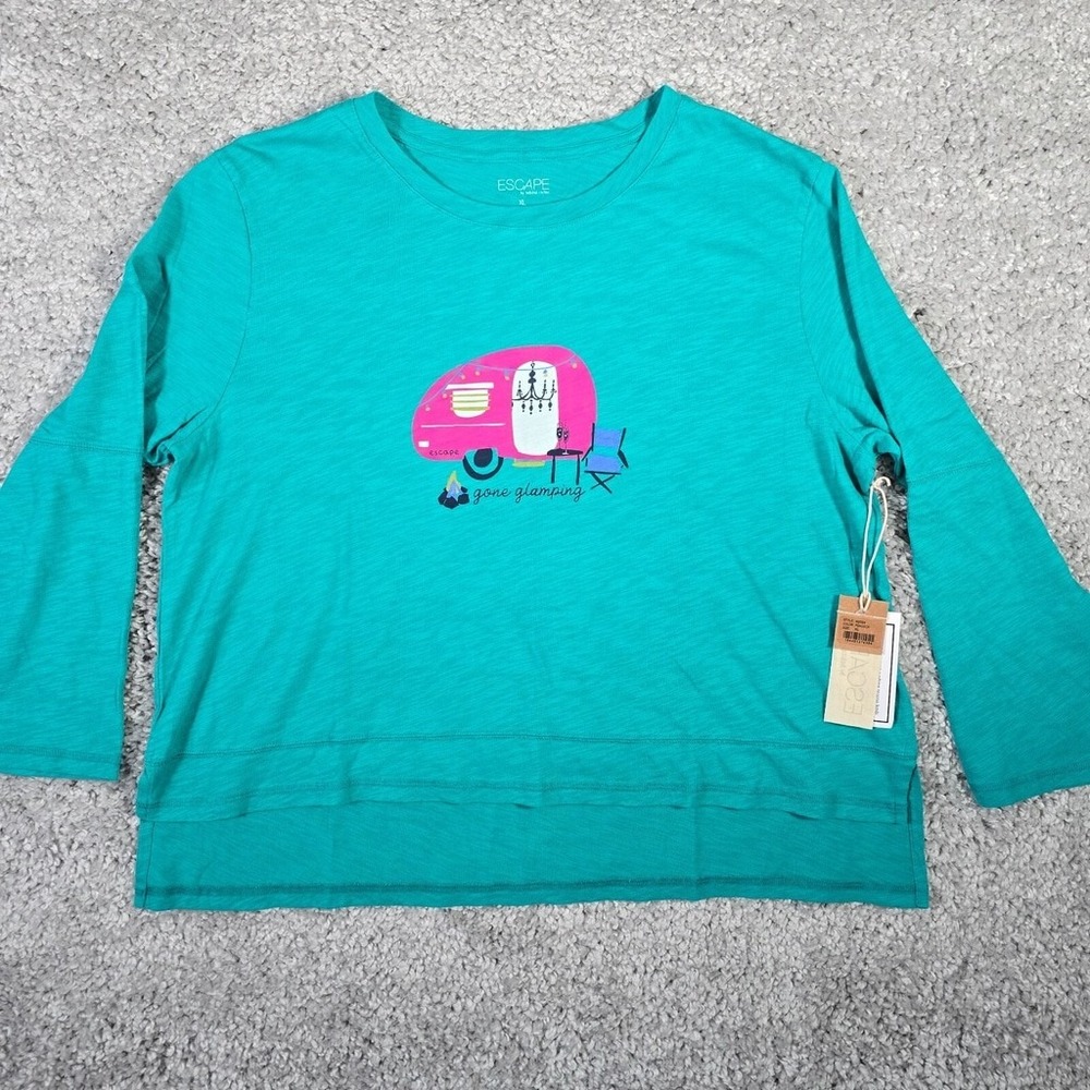 Escape by Habitat Womens Graphic Camper Long Sleeve Shirt Teal Size XL Coastal